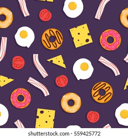 Seamless pattern with fried eggs, cheese, bacon, donuts and tomatoes. Vector illustration 