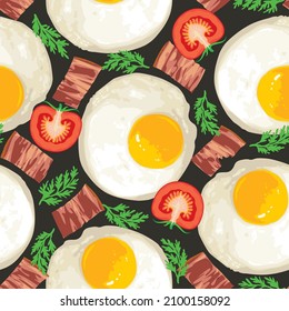Seamless pattern with fried eggs, delicious bacon, tomato and dill. Vector background with mouth watering eggs for breakfast on a black backdrop. Suitable for wallpaper, wrapping paper, fabric design