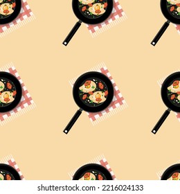 Seamless pattern with fried eggs in a frying pan with slices of tomatoes, olives, spices and parsley on a rustic tablecloth. Healthy protein food. 