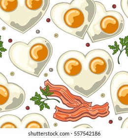 Seamless pattern with fried eggs as a heart, with fried bacon, pepper and cilantro.  Vector illustration