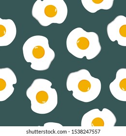 Seamless pattern Fried eggs isolated on green background. Simple cooking frying egg with yellow yolk print. Morning breakfast bright texture. Cute kitchen wall paper, vector design eps 10