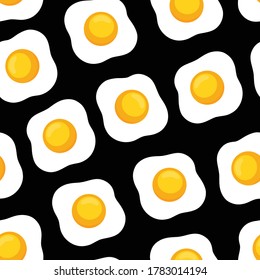 seamless pattern with fried eggs isolated on black, cartoon vector illustration, morning breakfast