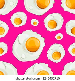 Seamless pattern of fried eggs on a plastic pink background. Hand drawn seamless print of food. Good for design of restaurant menu, kitchen interior, meal wrapping, cooking books etc.