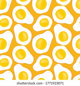 Seamless pattern of fried eggs on a bright orange background. Hand drawn vector illustration of eggs. Healthy Breakfast in the morning. Farm products in cartoon style