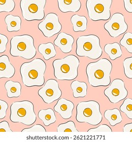 Seamless pattern with fried eggs on pink background for kitchen or food design. Vector illustration