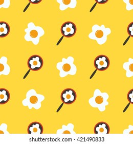 Seamless pattern with fried eggs on a yellow background. Egg