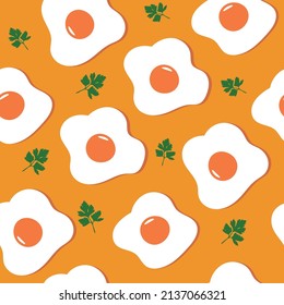 Seamless pattern with fried eggs and parsley. Vector illustration. Background.