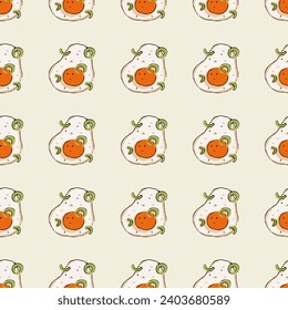 Seamless pattern with fried eggs. Scrambled eggs. Hand-drawn breakfast background. Fried eggs on a pastel yellow background