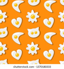 A seamless pattern with fried eggs shaped like a heart, flower, crescent and cat on orange background