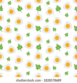 Seamless pattern of fried eggs with sprigs of parsley on white background. Vector illustration