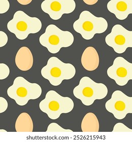 Seamless pattern with fried eggs and whole eggs on dark background, flat simple design style.
