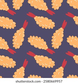Seamless pattern of fried shrimp. Background of food. 