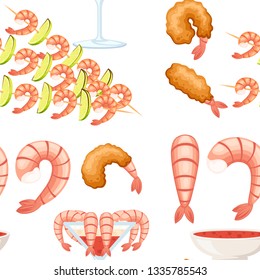 Seamless pattern. Fried shrimp in batter, boiled and kebab shrimp. Sauce for seafood. Tasty restaurant food. Flat vector illustration on white background.