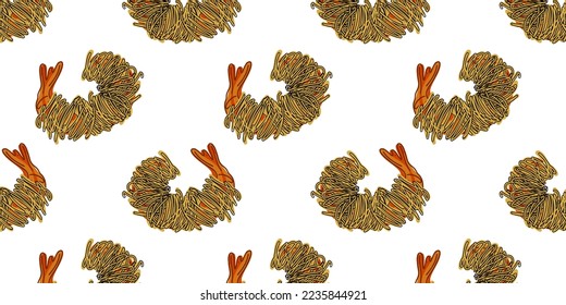 Seamless pattern with fried shrimp wrapped in vermicelli.
Thai snack.
doodle vector illustration
