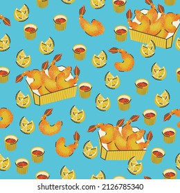 Seamless pattern with fried tempura shrimp in boxes with lemons and sauces. Fast Food. Bright illustration, print, background in vector. 