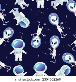 Seamless pattern friendly astronauts and alien astronauts in space in different colors in a cartoon children's multicolored fun style. wallpaper, social media. vector illustration on space background.