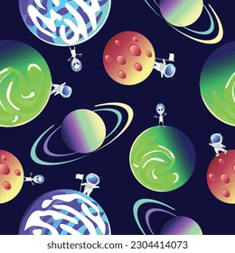 Nahtlose Muster freundliche Astronauten und Außerirdische auf verschiedenen Planeten im All in einem Cartoon-Kinderstil. Tapete, Social Media. Vektorgrafik auf Weltraumhintergrund.