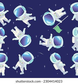 Seamless pattern friendly astronauts astronauts in space in different colors in a cartoon children's multicolored cheerful style. wallpaper, social media. vector illustration on the space background 