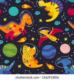 seamless pattern with a friendly dinosaurs in space    - vector illustration, eps    