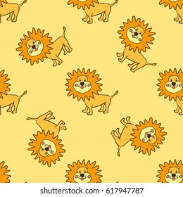 Seamless pattern with friendly smiling lion with the orange mane.Cartoon wild African animal.Vector illustration on a yellow background for children.Print for fabric,textile,paper.