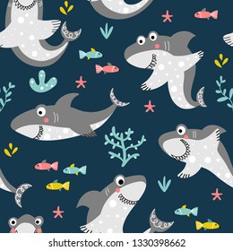 Seamless pattern with friendly smiling sharks and fishes on a blue background with sea plants in a cartoon style. Illustration for children in vector.