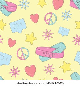 Seamless pattern with friendship bracelets, peace sign and other signs.