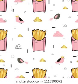 Seamless pattern with fries, clods and birds. 