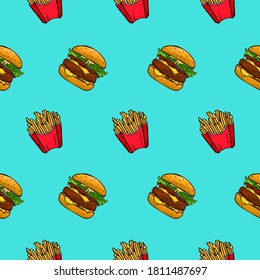 Seamless pattern of fries and hamburger, on a bright blue background. Drawn by hand. Fast food. Perfect for printing on fabric, paper or for cafe menu backgrounds.