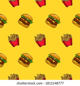 Seamless pattern of fries and hamburger, on a bright yellow background. Drawn by hand. Fast food. Perfect for printing on fabric, paper or for cafe menu backgrounds.