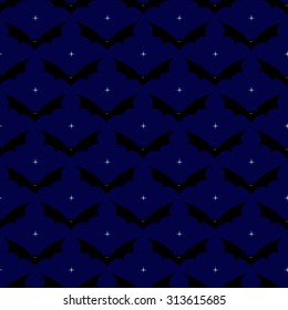 Seamless pattern with frightful black colored flying bats with evil yellow colored eyes and sharp ears isolated on starry sky background. For holiday decoration, wrapping paper, wallpaper, package