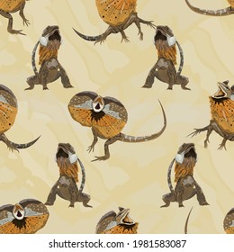 Seamless pattern with Frilled Lizards Chlamydosaurus kingii or frill-necked lizard, frilled dragon or frilled agama. Wild reptiles of Australia and New Guinea. Realistic vector animal