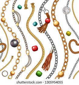 Seamless pattern with fringe, gold and silver chains for fabric design, wallpapers, prints. Vector background with metallic accessories. 