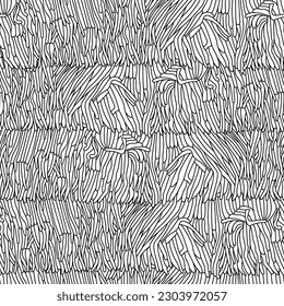 Seamless pattern with fringed fabric texture. Hand drawn black and white vector illustration.