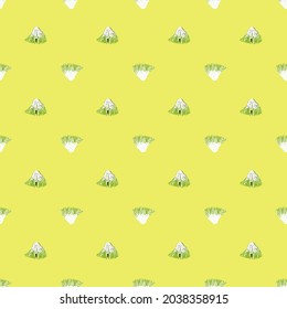 Nahtlose Muster frischer Salat auf hellgelbem Hintergrund. Minimalistische Ornamente mit Salat. Geometrische Pflanzenvorlage für Gewebe. Design, Vektorgrafik.