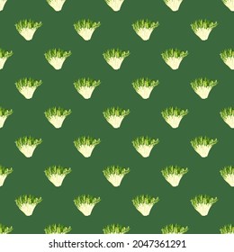 Seamless pattern frisee salad on teal background. Simple ornament with lettuce. Geometric plant template for fabric. Design vector illustration.