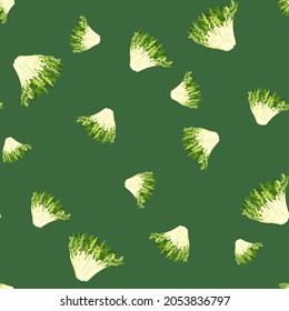Seamless pattern frisee salad on teal background. Modern ornament with lettuce. Random plant template for fabric. Design vector illustration.