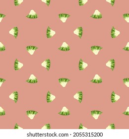 Seamless pattern frisee salad on pastel pink background. Minimalistic ornament with lettuce. Geometric plant template for fabric. Design vector illustration.