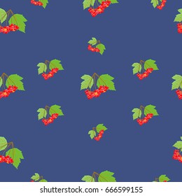 Seamless pattern of friuts Viburnum on bright blue background. Autumn vector illustration.