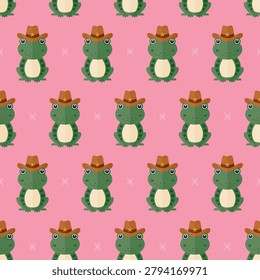 seamless pattern frog animal with cowboy hat on pink background vector wallpaper textile giftwrap fabric