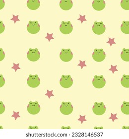 Seamless pattern of frog faces with stars on a cream background. Funny frog on white background for your design. Creative style art background for children. Trendy texture design pattern.