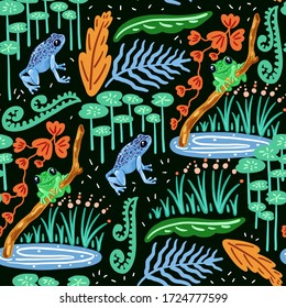 Seamless pattern with frog. Forest pattern vector background