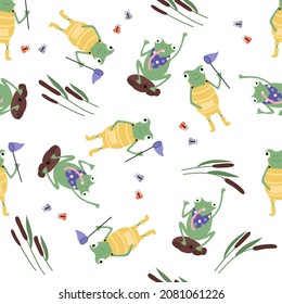 Seamless pattern with frog and reeds on a white background