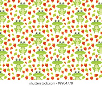 Seamless pattern with frog and strawberry on white background