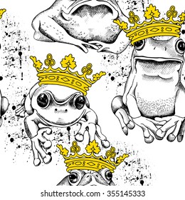 Seamless pattern with frog and toad wearing a yellow crown. Vector illustration.