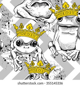 Seamless pattern with frog and toad wearing a yellow crown on a gray geometric ornament. Vector illustration.