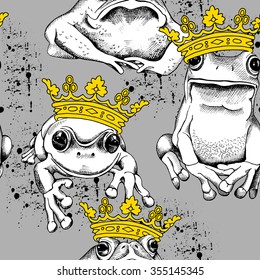 Seamless pattern with frog and toad wearing a yellow crown on gray background. Vector illustration.