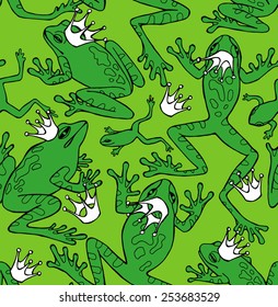 Seamless Pattern Frogs with Crowns Green