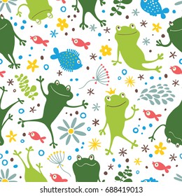 Seamless pattern with frogs and fishes.