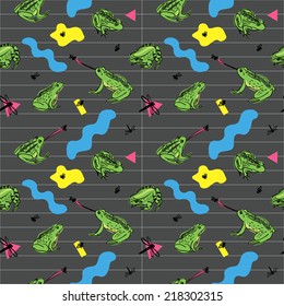 Seamless pattern with frogs and flies in retro 80s style