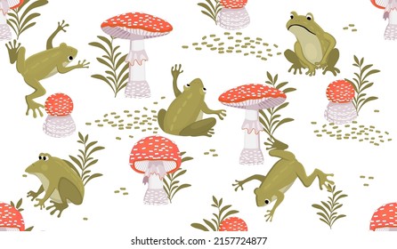 Seamless pattern with frogs and fly agarics.Funny animal characters with forest mushrooms and herb.Colorful background and texture for printing on fabric and paper.Vector hand drawn illustration.